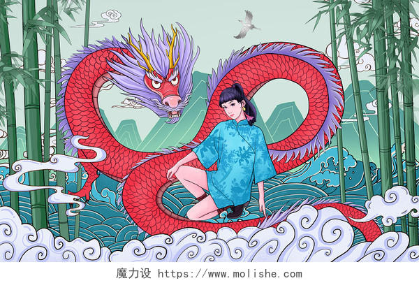 红绿色国潮女青年和龙插画青年节五四青年节